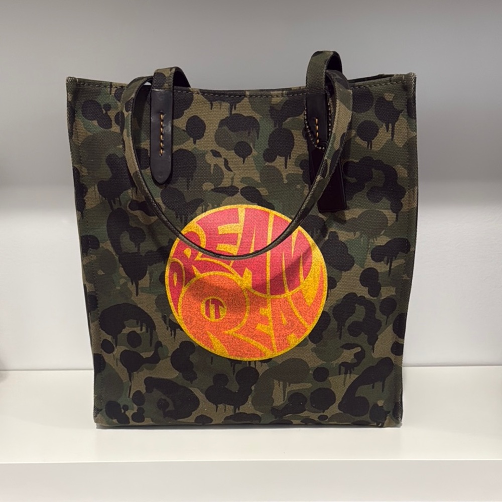 Camouflage Canvas Tote Bag with Yellow-Orange Graphic